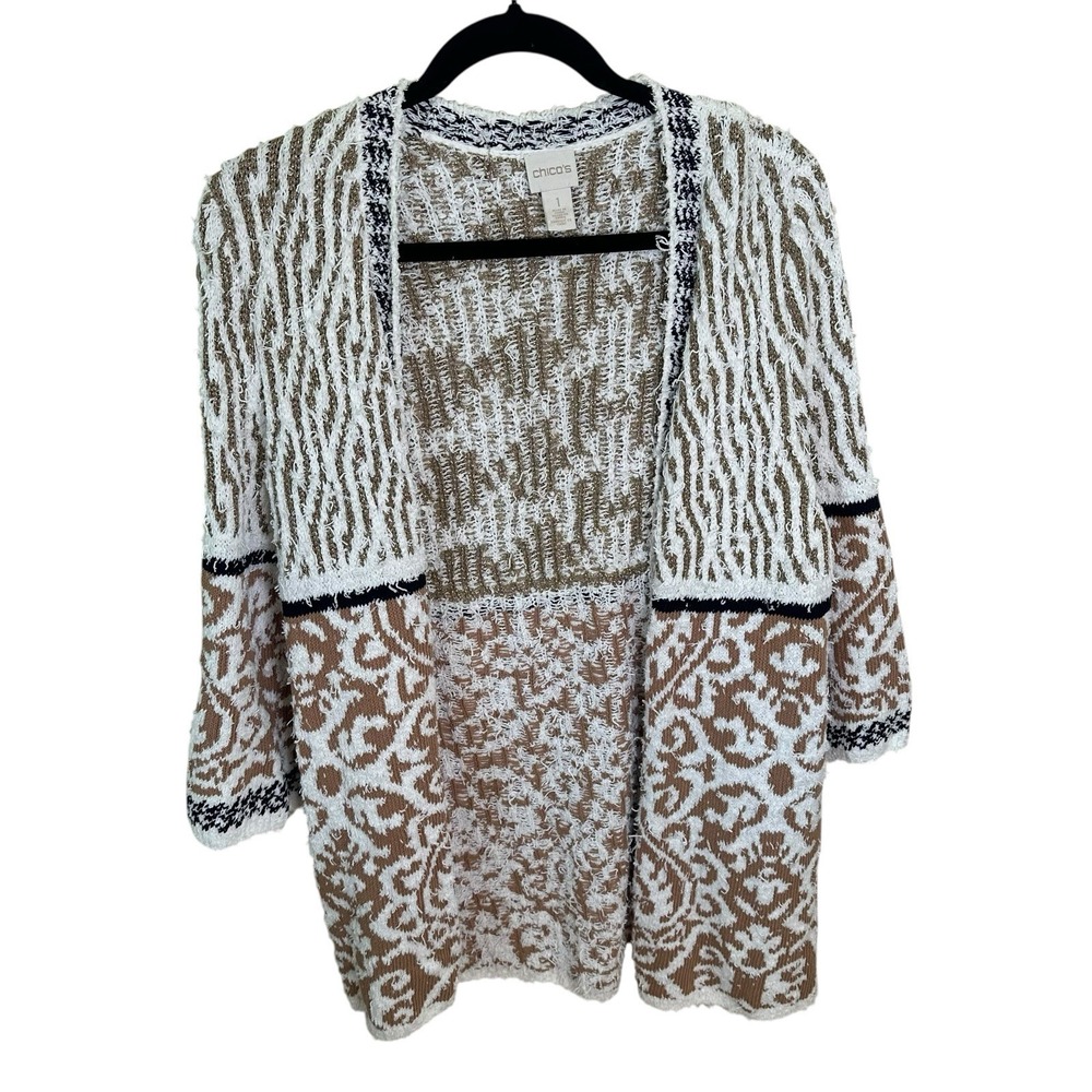 Chicos Cotton Audrey Cardigan Eyelash Open Chunky Size‎ 1 Medium Metallic